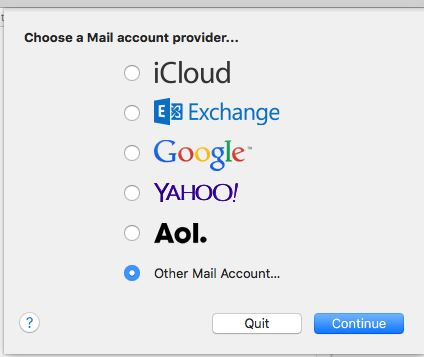 Uppläggning av konto i Mac mail, välj kontotyp annat