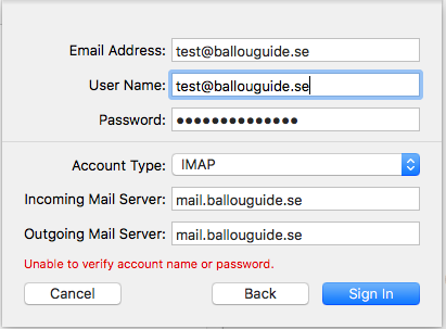 Mac mail 2017 - Epost - Kan inte verifiera, Fyll i dina uppgifter